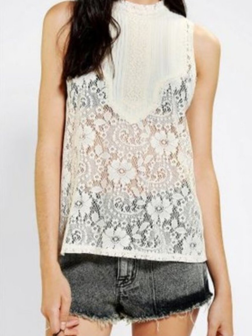 Kimchi Blue Urban Outfitters Cream Floral Lace High-Neck Tank Top Victorian EB4